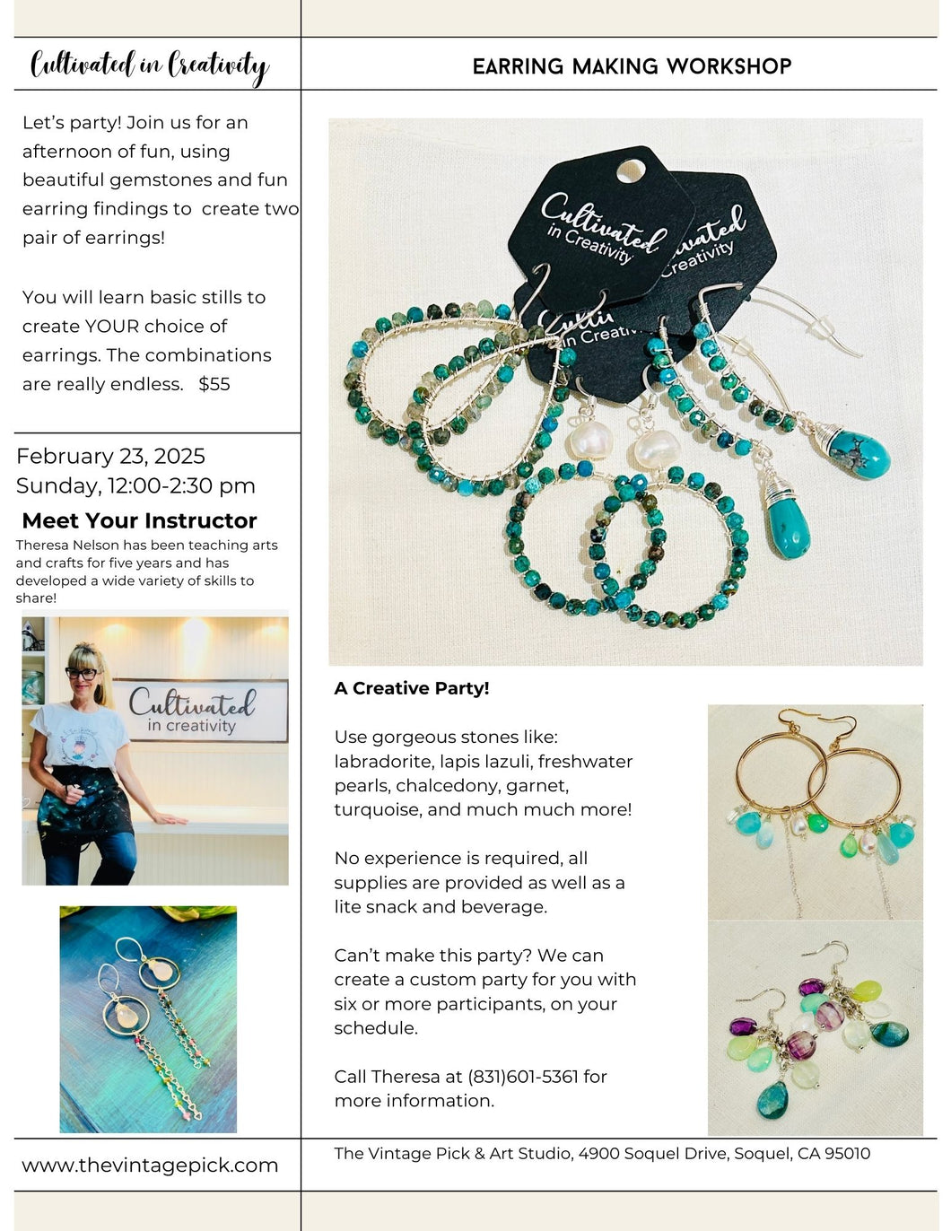 Earring Making Workshop Sunday, Feb. 23, 12:00-2:30